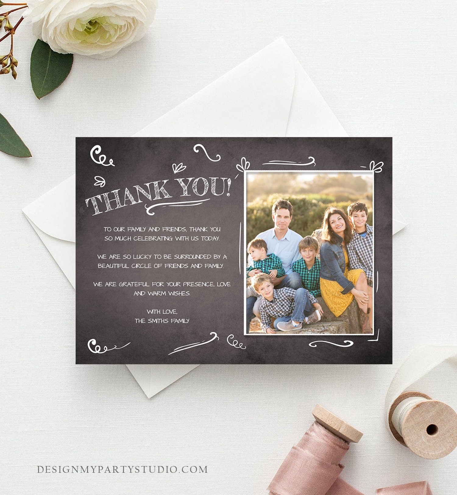 Editable Thank You Card Birthday Adult Chalk Rustic Vintage Family Friends Party Classic Photo Shhh Download Printable Corjl Template 0102