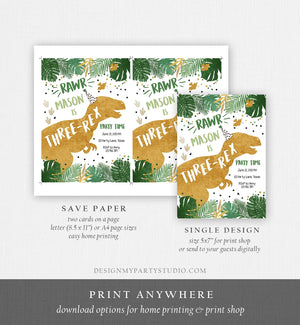 Editable Three-Rex Dinosaur Birthday Invitation Dino T-Rex Third Birthday 3rd Rawr Boy Green Gold Prehistoric Printable Corjl Template 0146