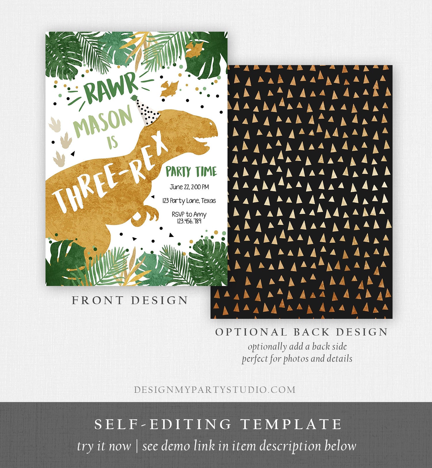 Editable Three-Rex Dinosaur Birthday Invitation Dino T-Rex Third Birthday 3rd Digital Download Prehistoric Printable Evite Template 0146