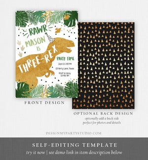 Editable Three-Rex Dinosaur Birthday Invitation Dino T-Rex Third Birthday 3rd Rawr Boy Green Gold Prehistoric Printable Corjl Template 0146