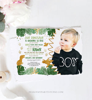 Editable Dinosaur Birthday Invitation ANY AGE Dino Dig Party Prehistoric Boy Gold Green T-Rex Photo Download Printable Corjl Template 0146