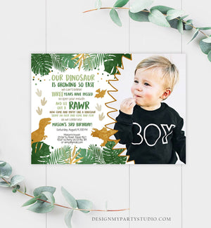 Editable Dinosaur Birthday Invitation ANY AGE Dino Dig Party Prehistoric Boy Gold Green T-Rex Photo Download Printable Corjl Template 0146