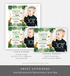 Editable Dinosaur Birthday Invitation ANY AGE Dino Dig Party Prehistoric Boy Gold Green T-Rex Photo Download Printable Corjl Template 0146