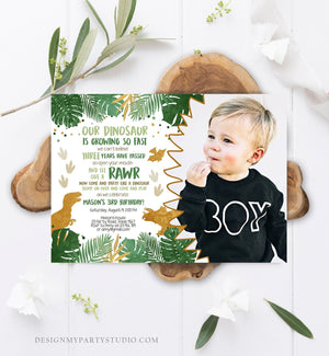 Editable Dinosaur Birthday Invitation ANY AGE Dino Dig Party Prehistoric Boy Gold Green T-Rex Photo Download Printable Corjl Template 0146