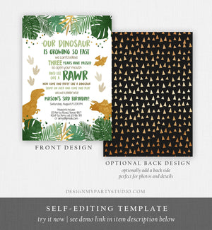 Editable Dinosaur Birthday Invitation ANY AGE Dino Dig Party Prehistoric Boy Gold Green T-Rex Photo Download Printable Corjl Template 0146