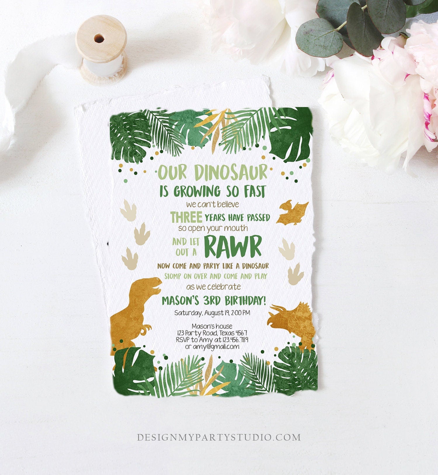 Editable Dinosaur Birthday Invitation ANY AGE Dino Dig Party Prehistoric Boy Gold Green T-Rex Photo Download Printable Corjl Template 0146