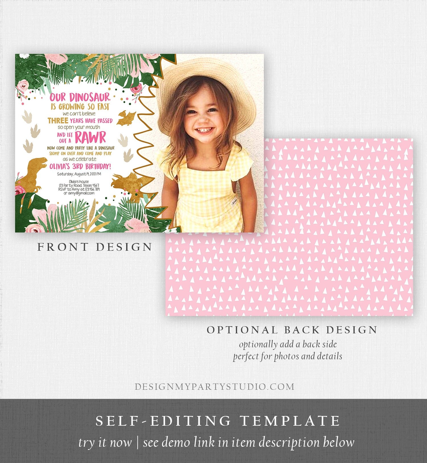 Editable Dinosaur Birthday Invitation ANY AGE Dino Dig Party Prehistoric Girl Pink Gold T-Rex Photo Download Corjl Template Printable 0146