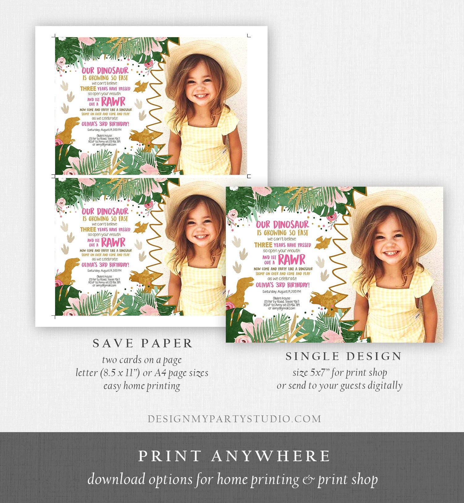 Editable Dinosaur Birthday Invitation ANY AGE Dino Dig Party Prehistoric Girl Pink Gold T-Rex Photo Download Corjl Template Printable 0146