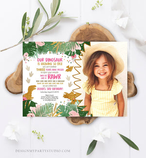 Editable Dinosaur Birthday Invitation ANY AGE Dino Dig Party Prehistoric Girl Pink Gold T-Rex Photo Download Corjl Template Printable 0146