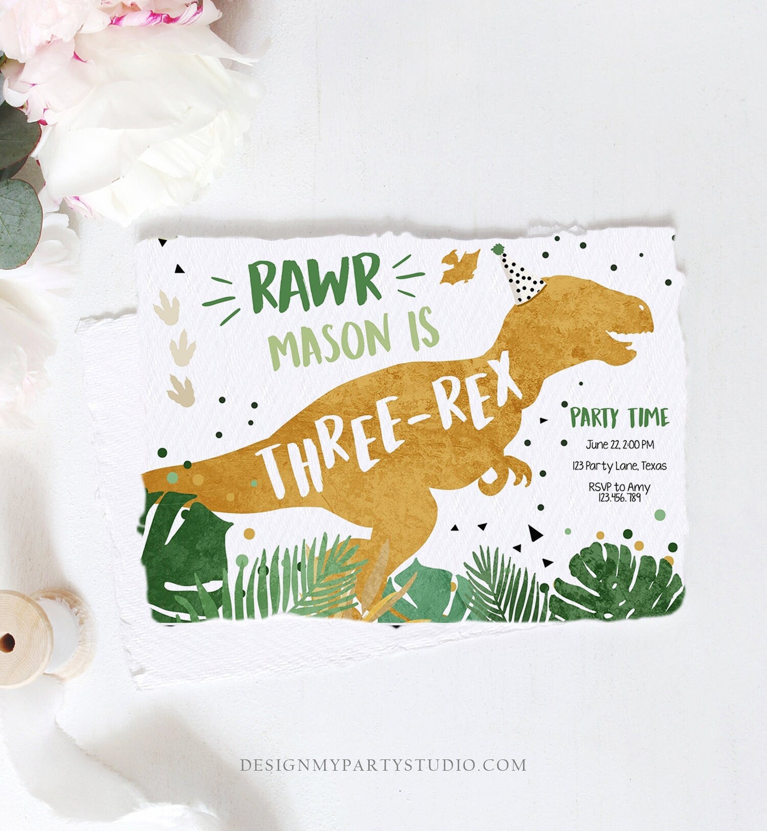 Editable Three-Rex Dinosaur Birthday Invitation Dino T-Rex Third Birthday 3rd Rawr Boy Green Gold Digital Download Template Printable 0146