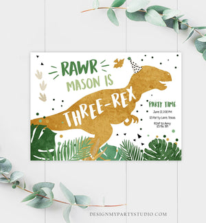 Editable Three-Rex Dinosaur Birthday Invitation Dino T-Rex Third Birthday 3rd Rawr Boy Green Gold Prehistoric Printable Corjl Template 0146