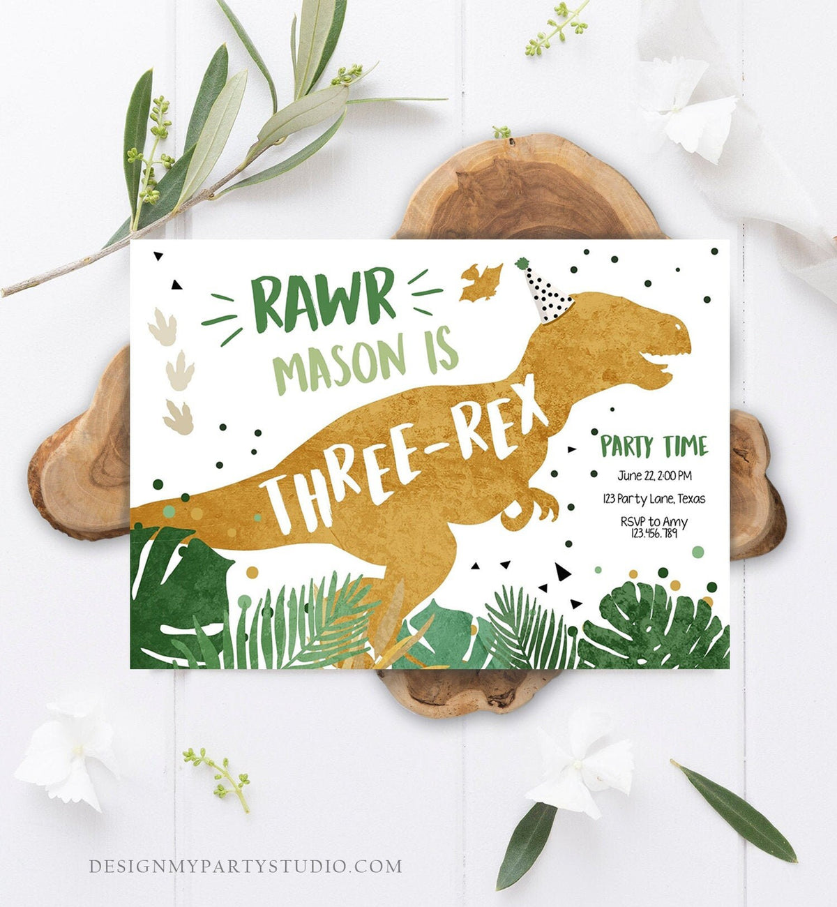 Editable Three-Rex Dinosaur Birthday Invitation Dino T-Rex Third Birthday 3rd Rawr Boy Green Gold Digital Download Template Printable 0146