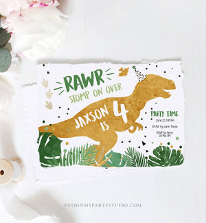 Editable Dinosaur Birthday Invitation ANY AGE Dino Dig Party Prehistoric Boy Gold Green T-Rex Photo Download Printable Corjl Template 0146