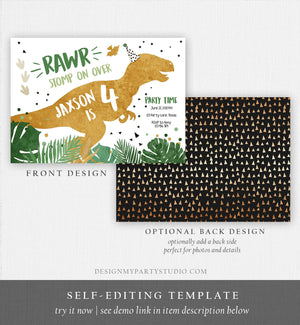 Editable Dinosaur Birthday Invitation ANY AGE Dino Dig Party Prehistoric Boy Gold Green T-Rex Photo Download Printable Corjl Template 0146