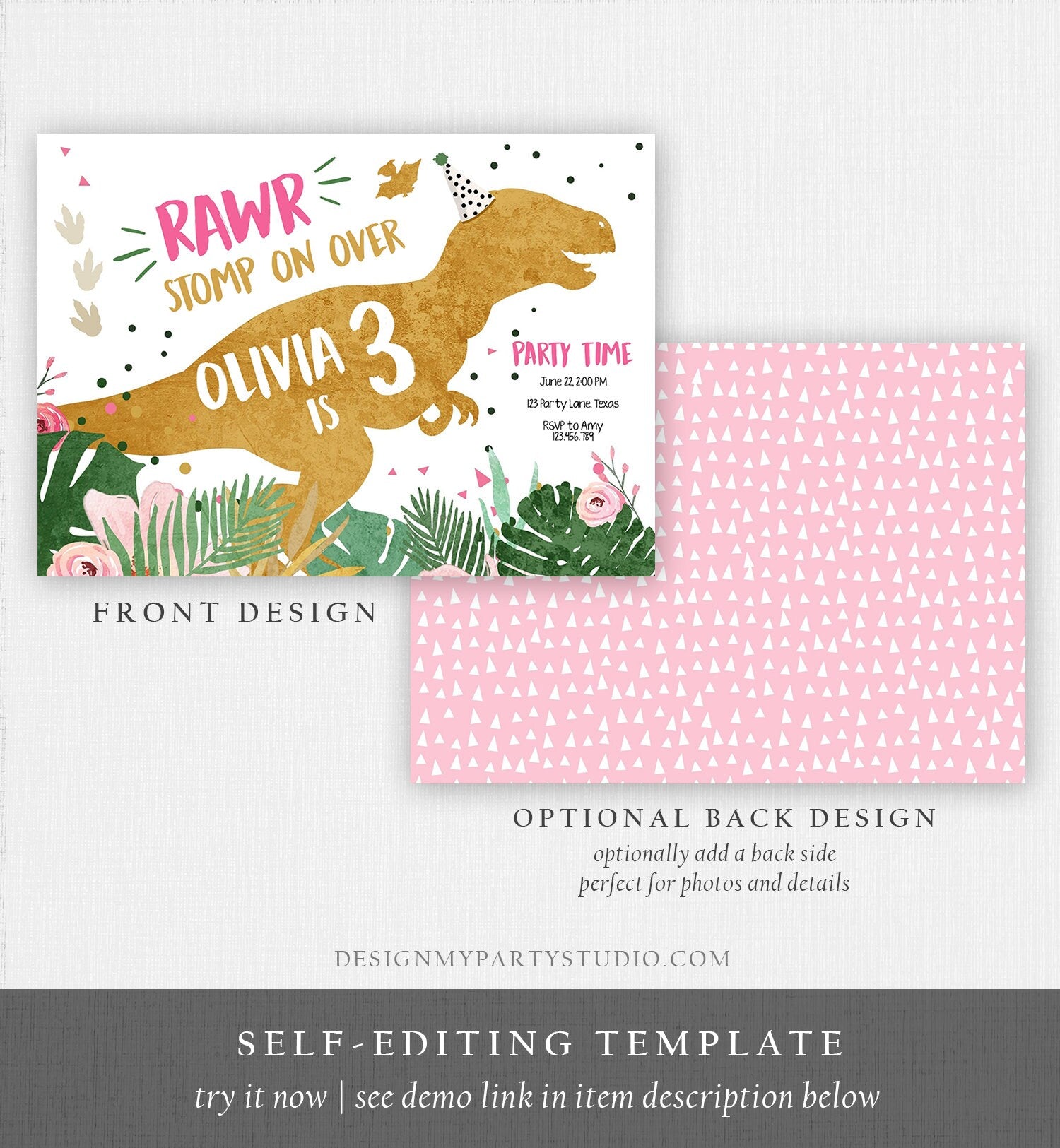 Editable Three-Rex Dinosaur Birthday Invitation Dino T-Rex Third Birthday 3rd RAWR Girl Pink Gold Prehistoric Corjl Template Printable 0146