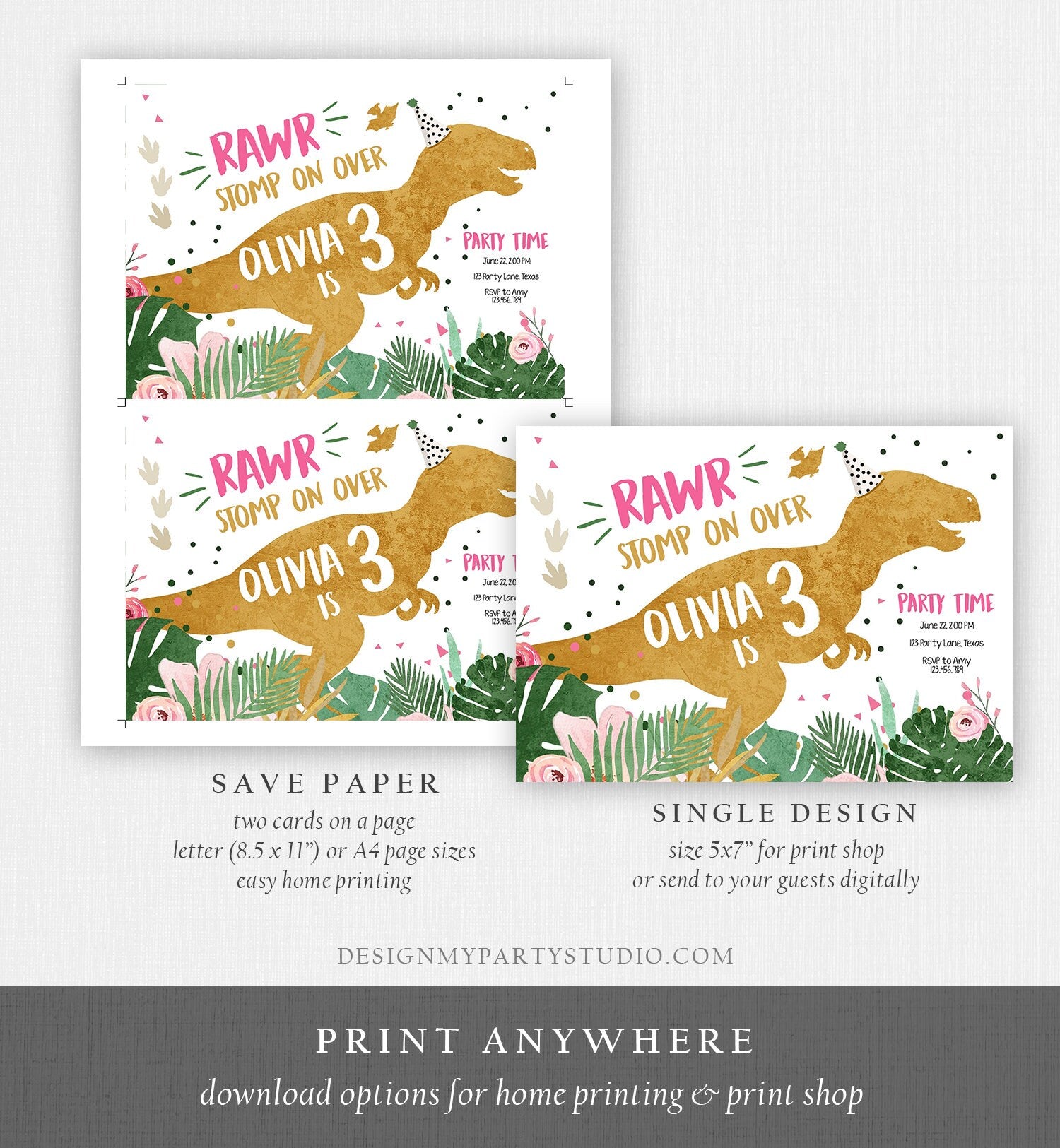 Editable Three-Rex Dinosaur Birthday Invitation Dino T-Rex Third Birthday 3rd RAWR Girl Pink Gold Prehistoric Corjl Template Printable 0146