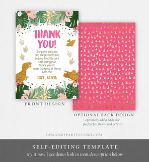 Editable Dinosaur Thank You Card Birthday Note Pink Gold Girl Dino Party T-Rex Instant Download Printable Corjl Template Digital 0146