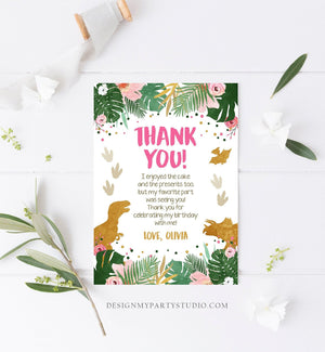 Editable Dinosaur Thank You Card Birthday Note Pink Gold Girl Dino Party T-Rex Instant Download Printable Corjl Template Digital 0146