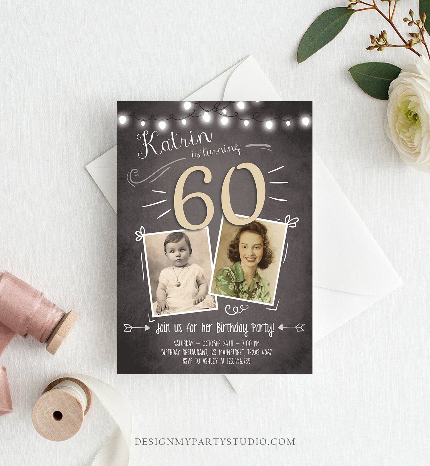 Editable 60th Birthday Invitation ANY AGE Chalkboard Rustic Adult Sixty Photo Vintage Diamond Jubilee Anniversary Corjl Template 0230