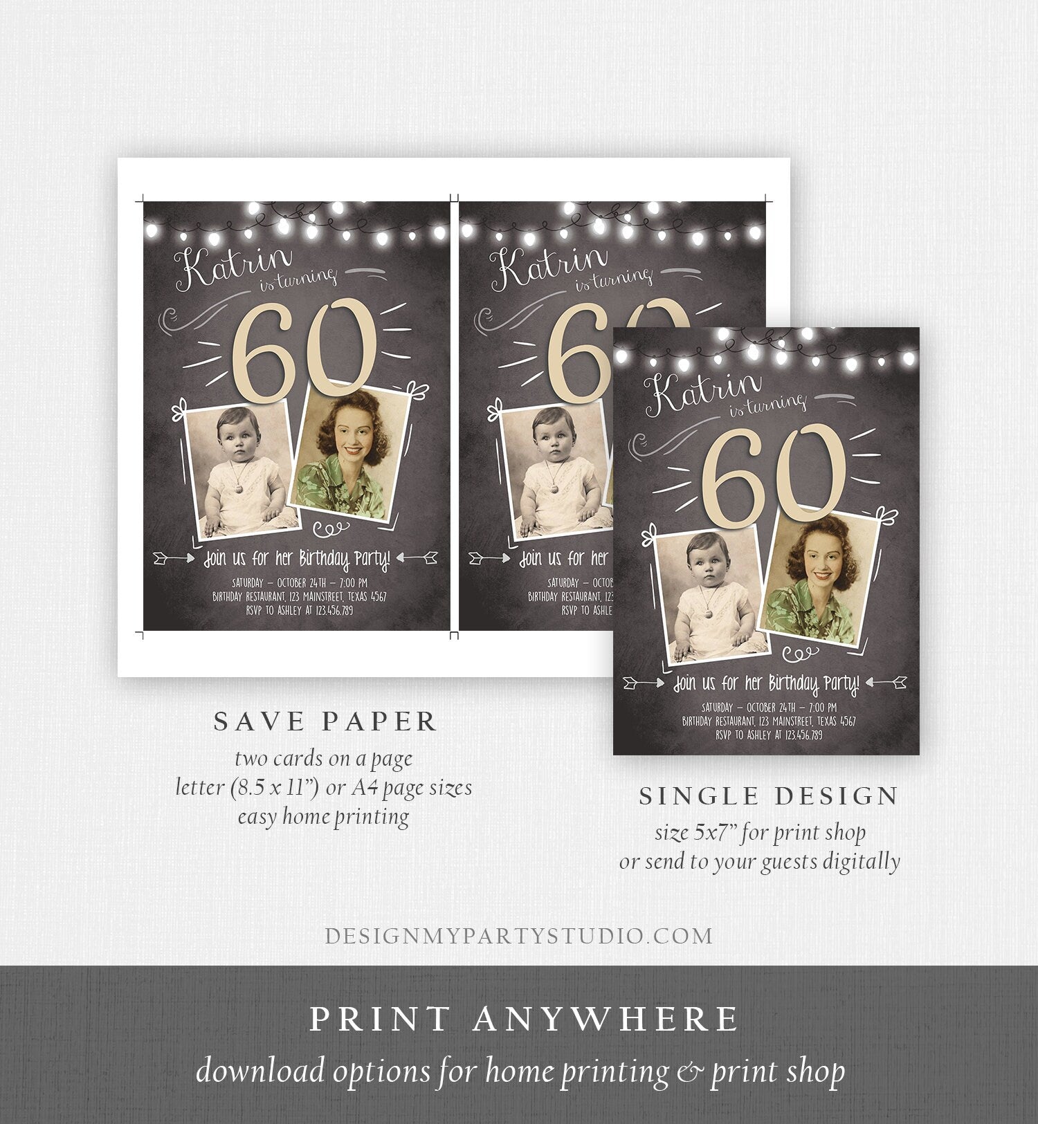 Editable 60th Birthday Invitation ANY AGE Chalkboard Rustic Adult Sixty Photo Vintage Diamond Jubilee Anniversary Corjl Template 0230