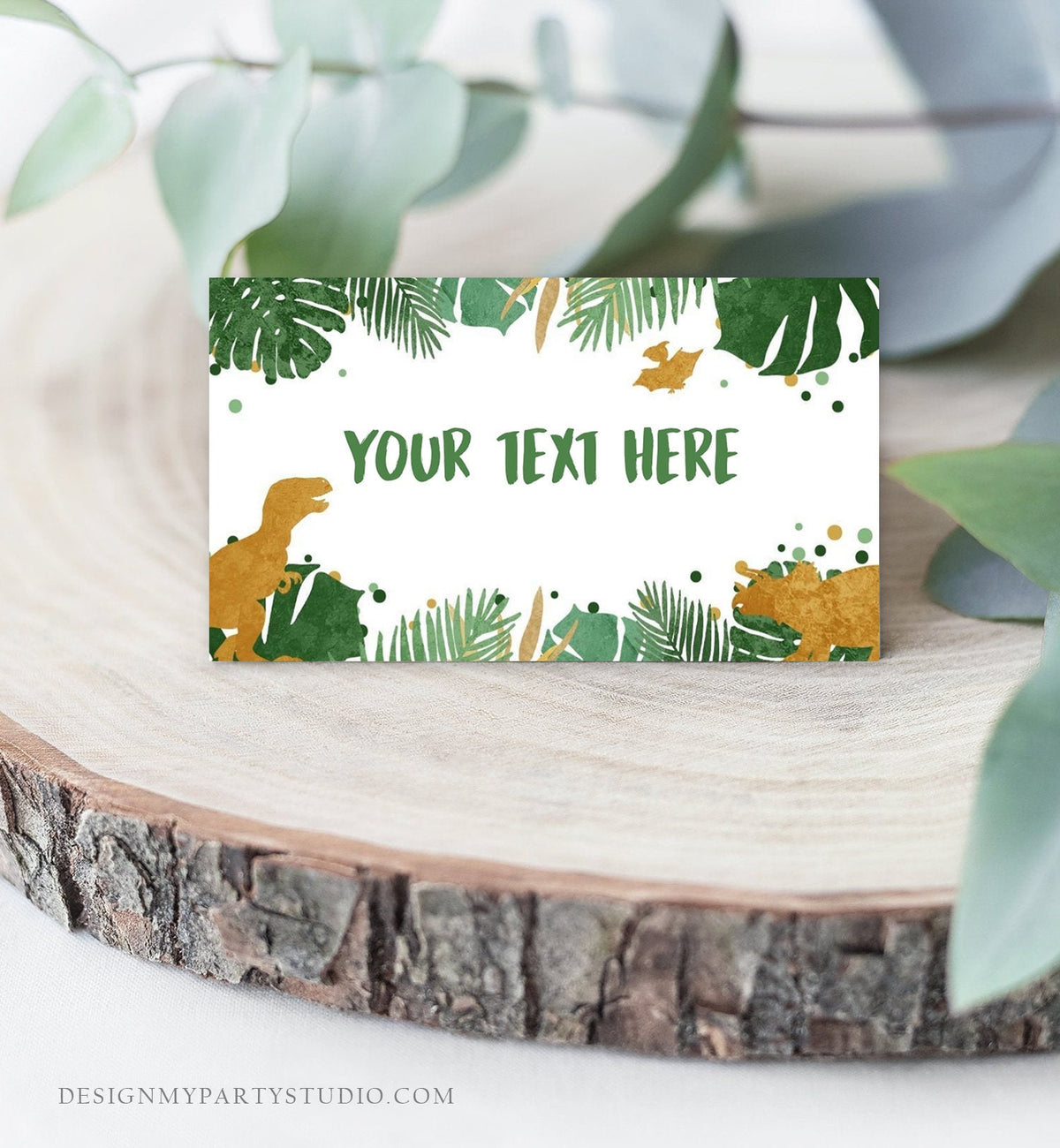 Editable Dinosaur Food Labels Dinosaur Party Place Card Tent Card TRex Prehistoic Green Gold Dino Birthday Boy T-Rex Digital Template 0146