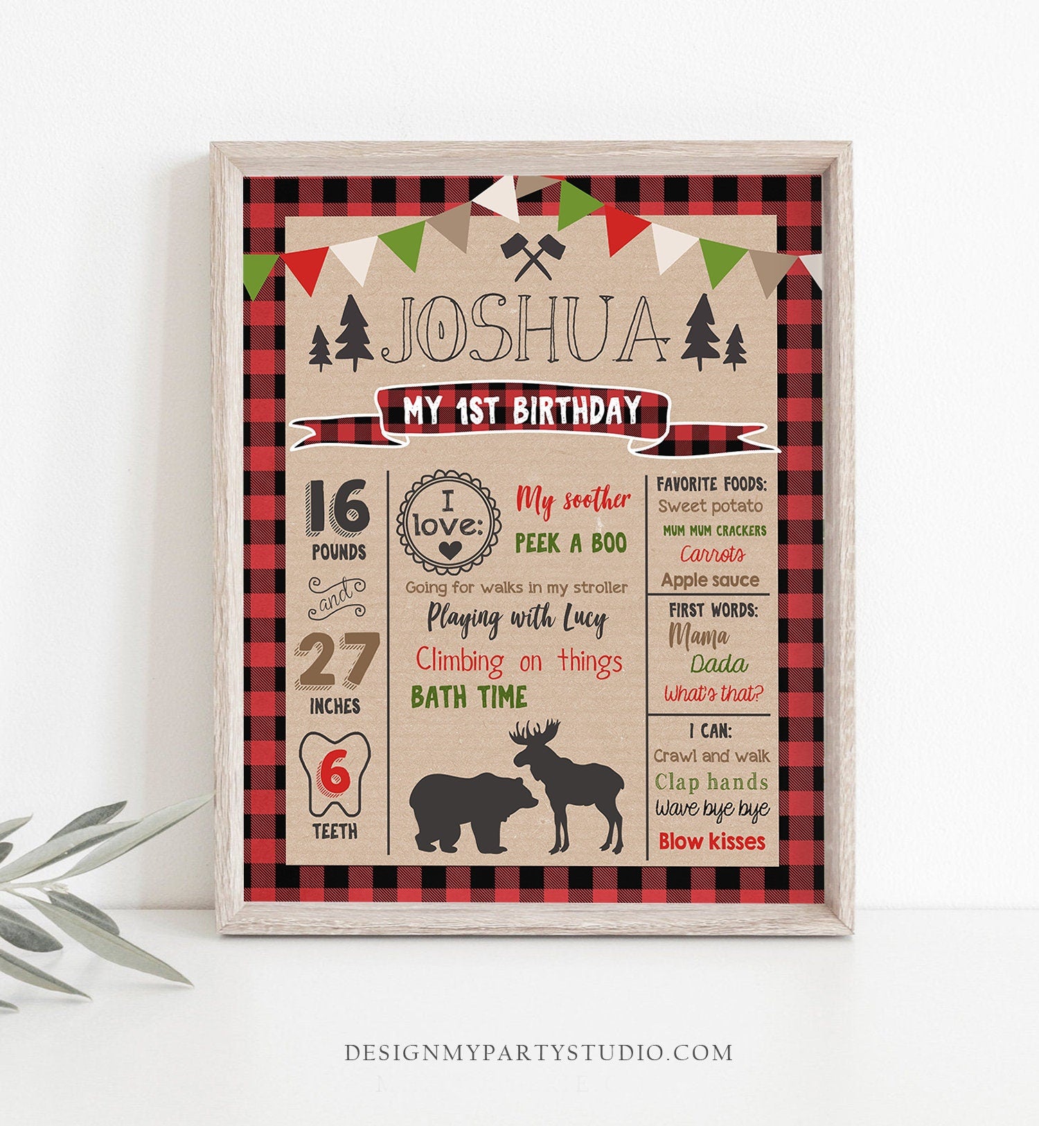 Editable Lumberjack Birthday Milestones Sign Lumberjack Birthday Chalkboard Plaid 1st Birthday Bear Moose Template Printable Corjl 0026