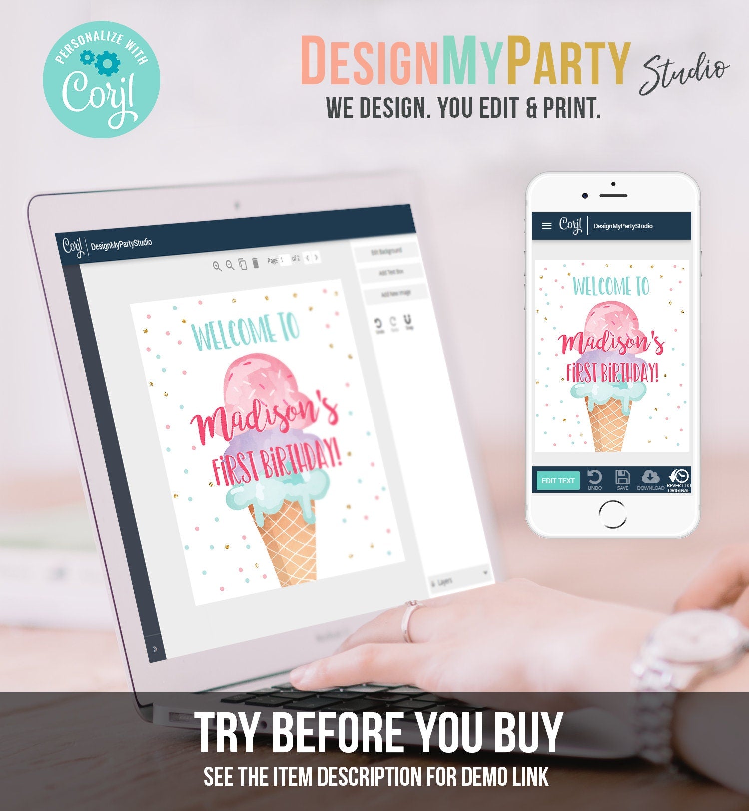 Editable Ice Cream Party Welcome Sign Ice Cream Birthday Welcome Poster Ice Cream Girl Summer Pink Purple Digital Template Printable 0243