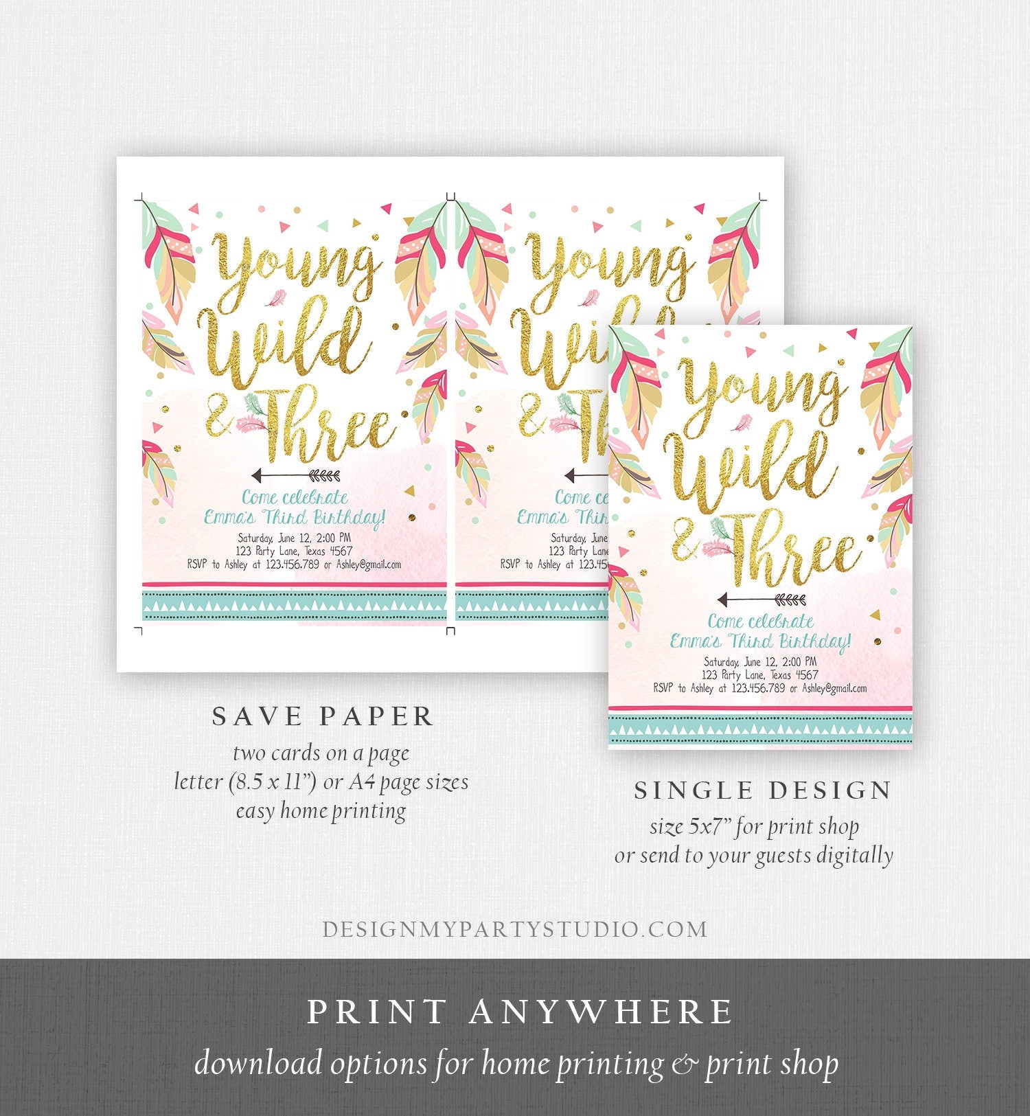 Editable Young Wild and Three Invitation Tribal Boho Feathers Girl Pink Gold Third 3rd Birthday Download Corjl Template Printable 0038