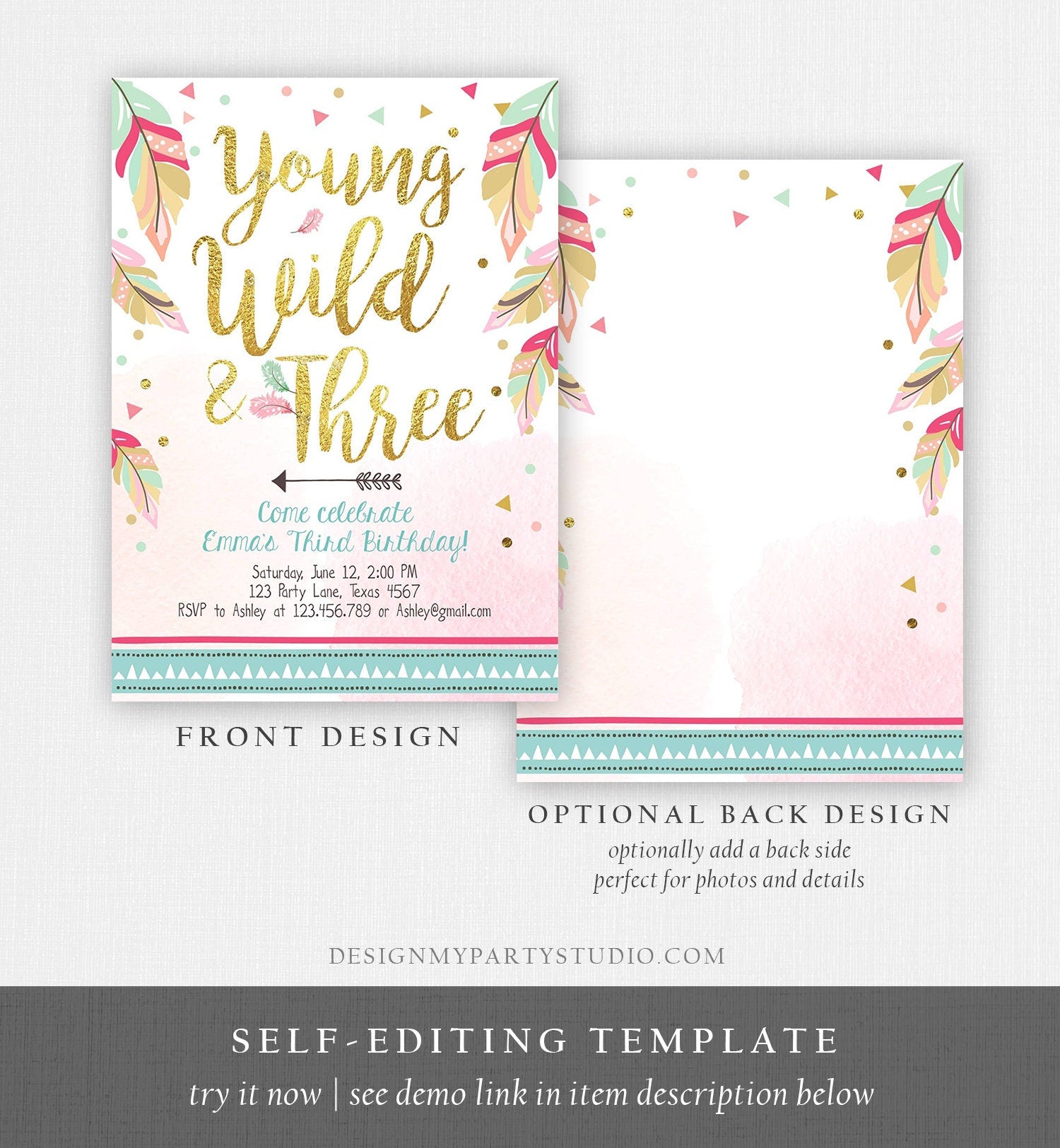 Editable Young Wild and Three Invitation Tribal Boho Feathers Girl Pink Gold Third 3rd Birthday Download Corjl Template Printable 0038