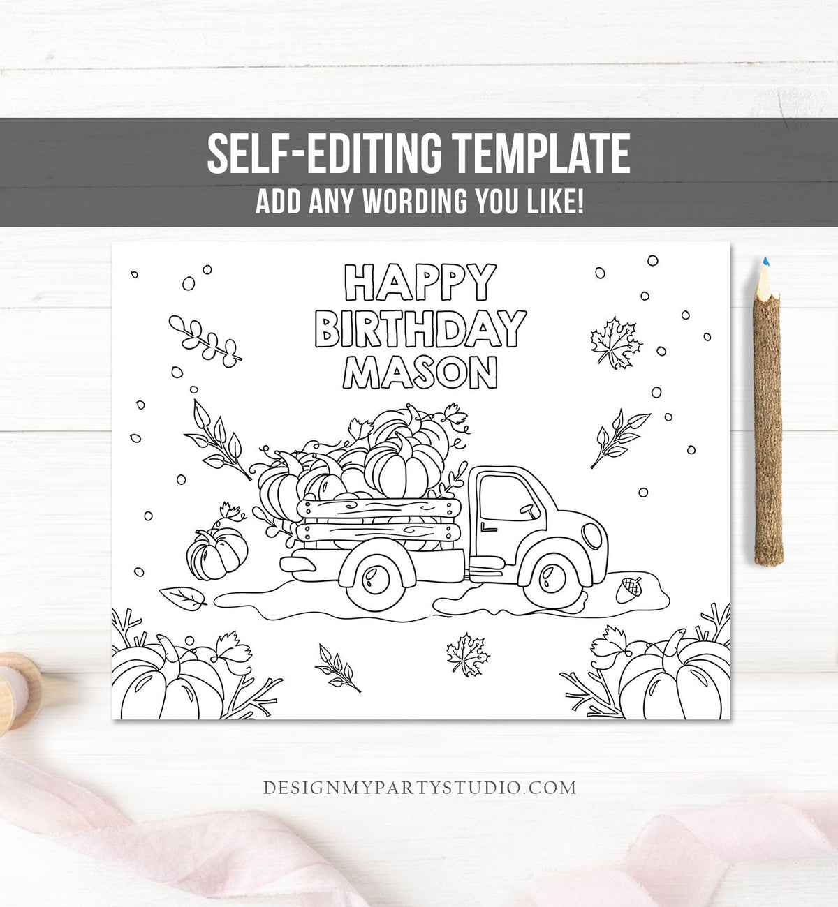 Editable Coloring Page Pumpkin Truck Birthday Party Activity Game Pumpkin Birthday Fall Autumn Party Instant Download PRINTABLE Corjl 0153