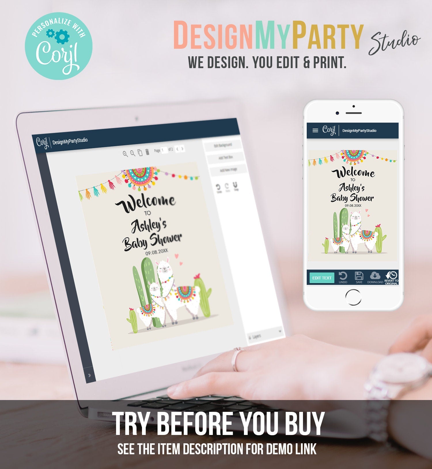 Editable Llama Welcome Sign Llama Baby Shower Welcome Baby Sprinkle Cactus Theme Fiesta Mexican Succulent Neutral Corjl Template 0079