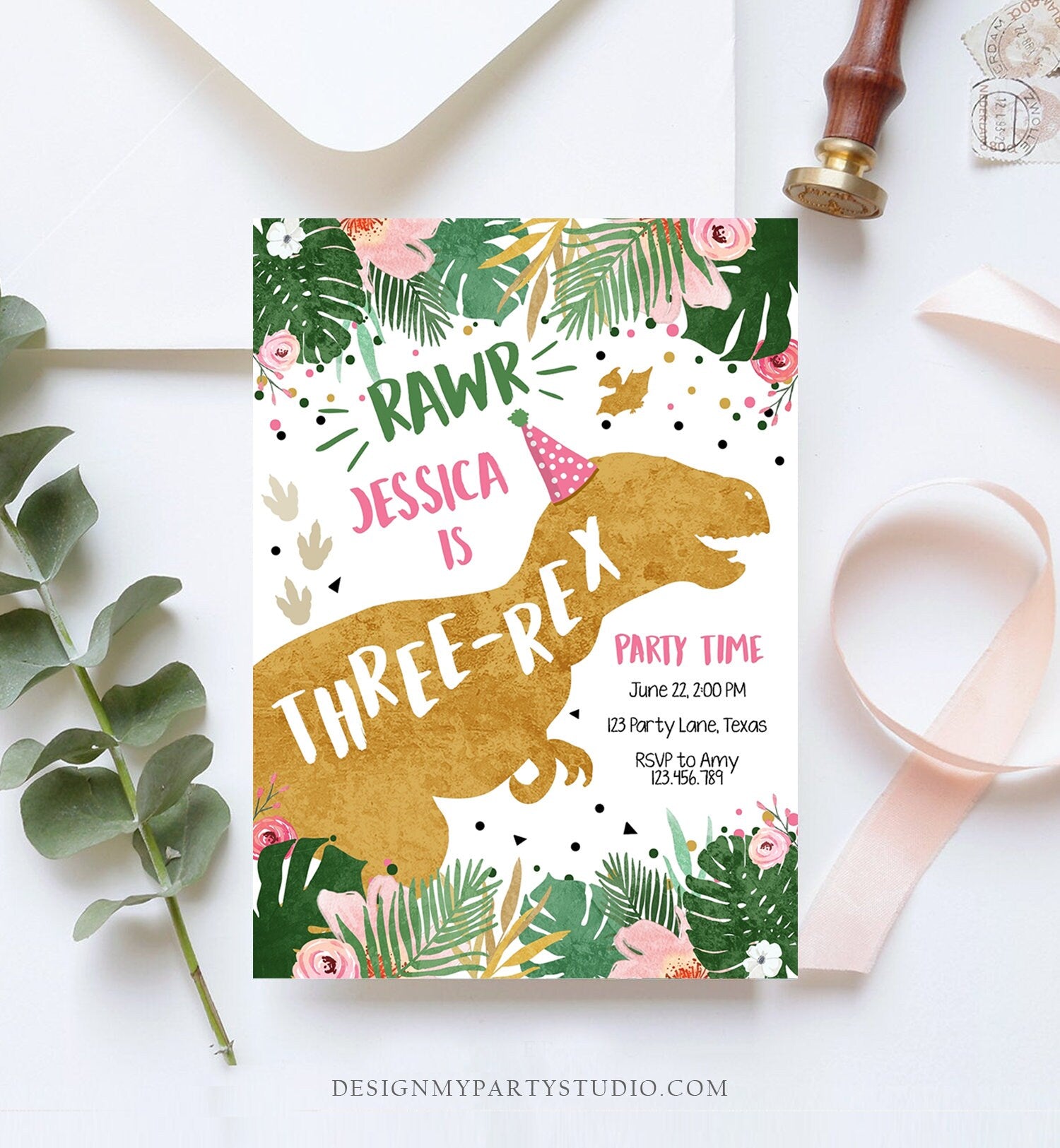 Editable Three-Rex Dinosaur Birthday Invitation Third Birthday 3rd Dino T-Rex Prehistoric Rawr Girl Pink Gold Corjl Template Printable 0146