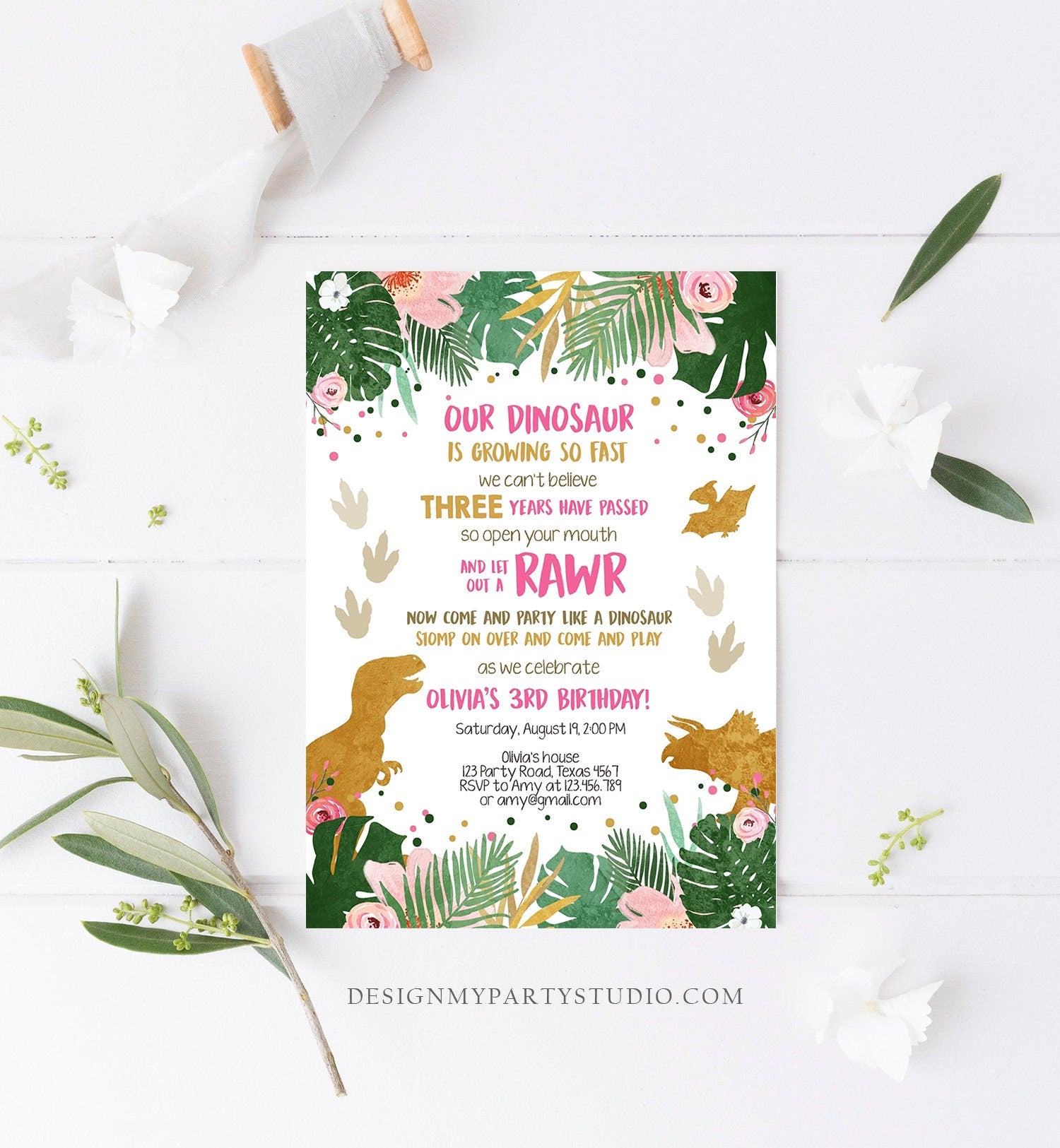 Editable Dinosaur Birthday Invitation ANY AGE Dino Party T-Rex Prehistoric RAWR Girl Pink Gold Download Corjl Template Printable 0146