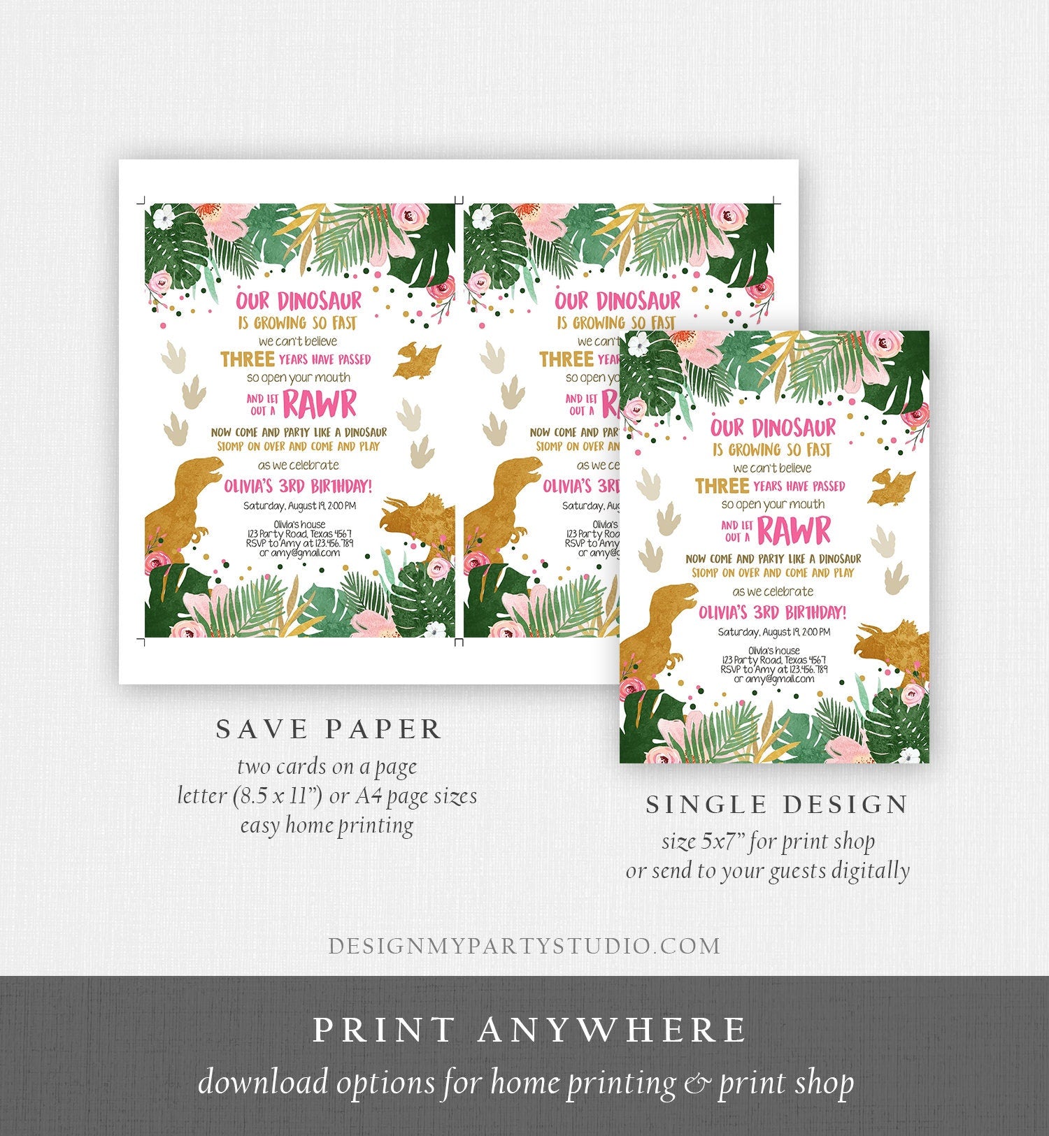 Editable Dinosaur Birthday Invitation ANY AGE Dino Party T-Rex Prehistoric RAWR Girl Pink Gold Download Corjl Template Printable 0146