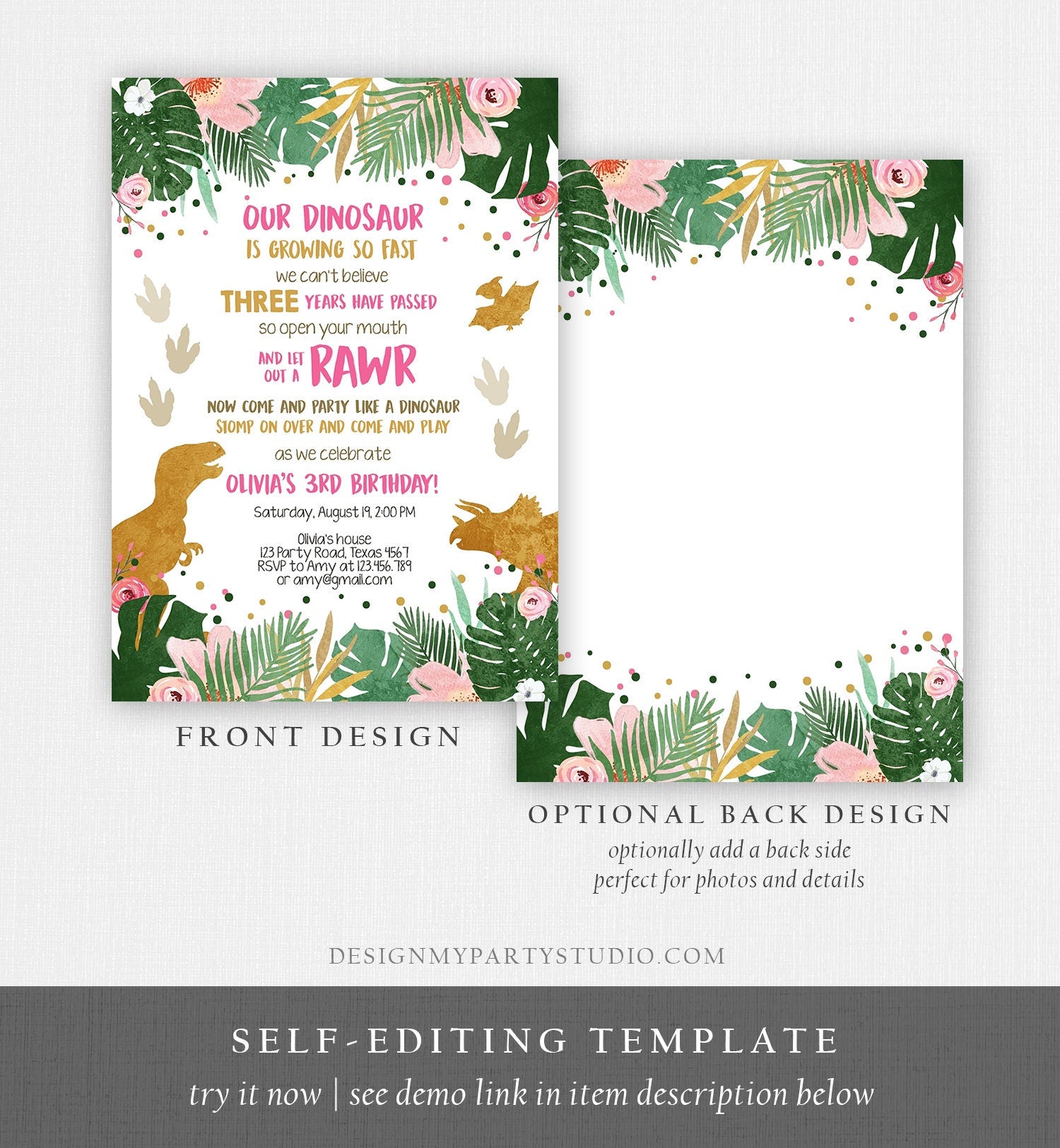 Editable Dinosaur Birthday Invitation ANY AGE Dino Party T-Rex Prehistoric RAWR Girl Pink Gold Download Corjl Template Printable 0146