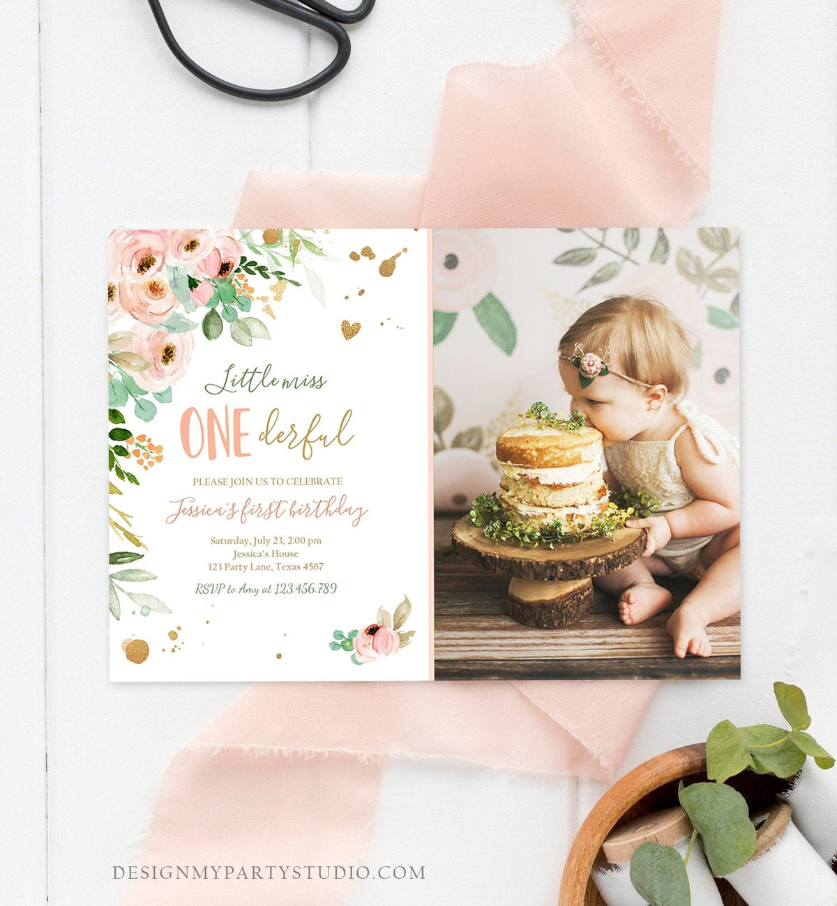 Editable Little Miss Onederful Birthday Invitation 1st Birthday Girl Pink Gold Floral Download Printable Template Corjl Digital 0147