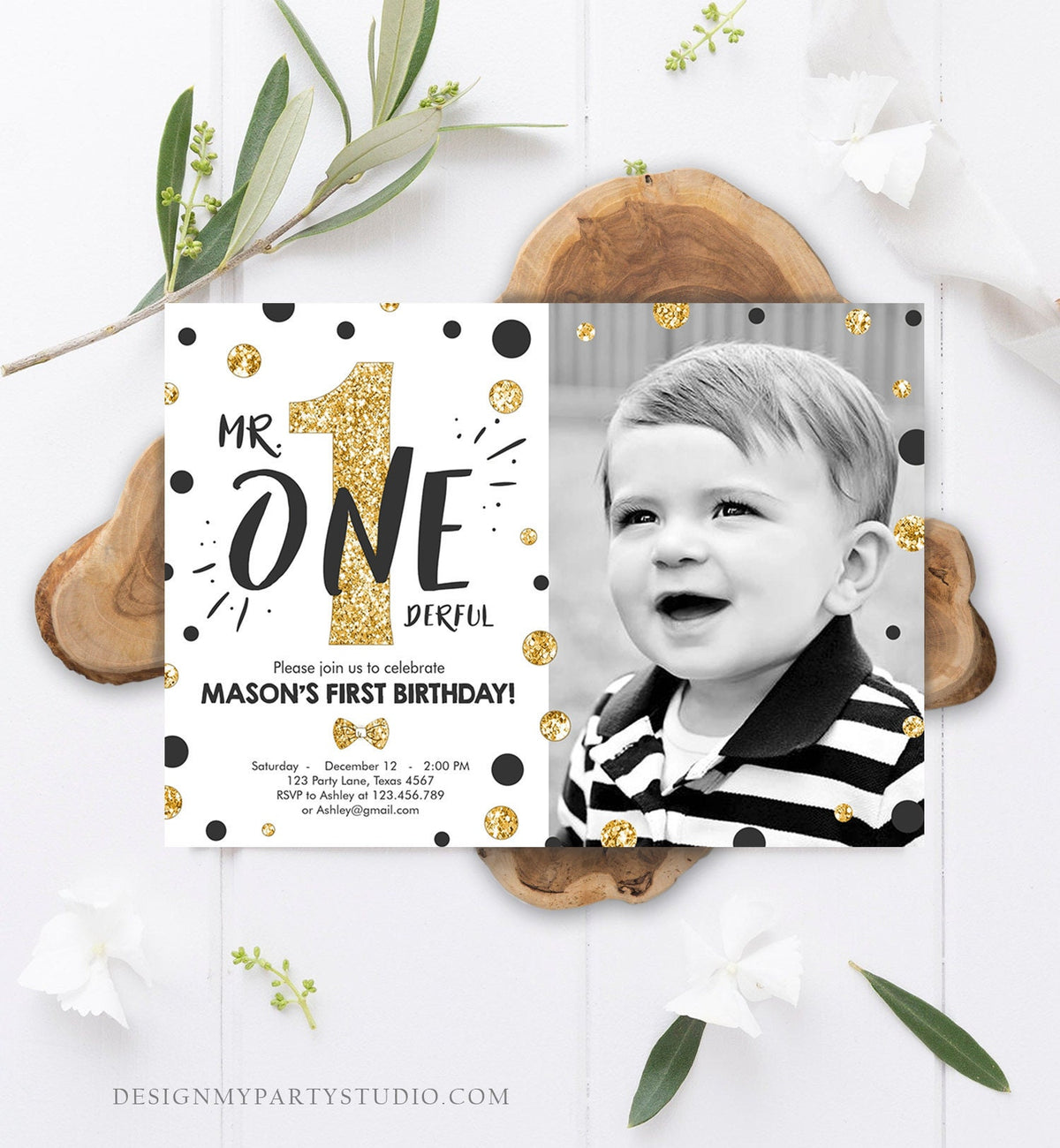 Editable Mr Onederful Birthday Invitation Black Gold Boy Bow Tie Confetti 1st Birthday Download Printable Template Digital Corjl 0072