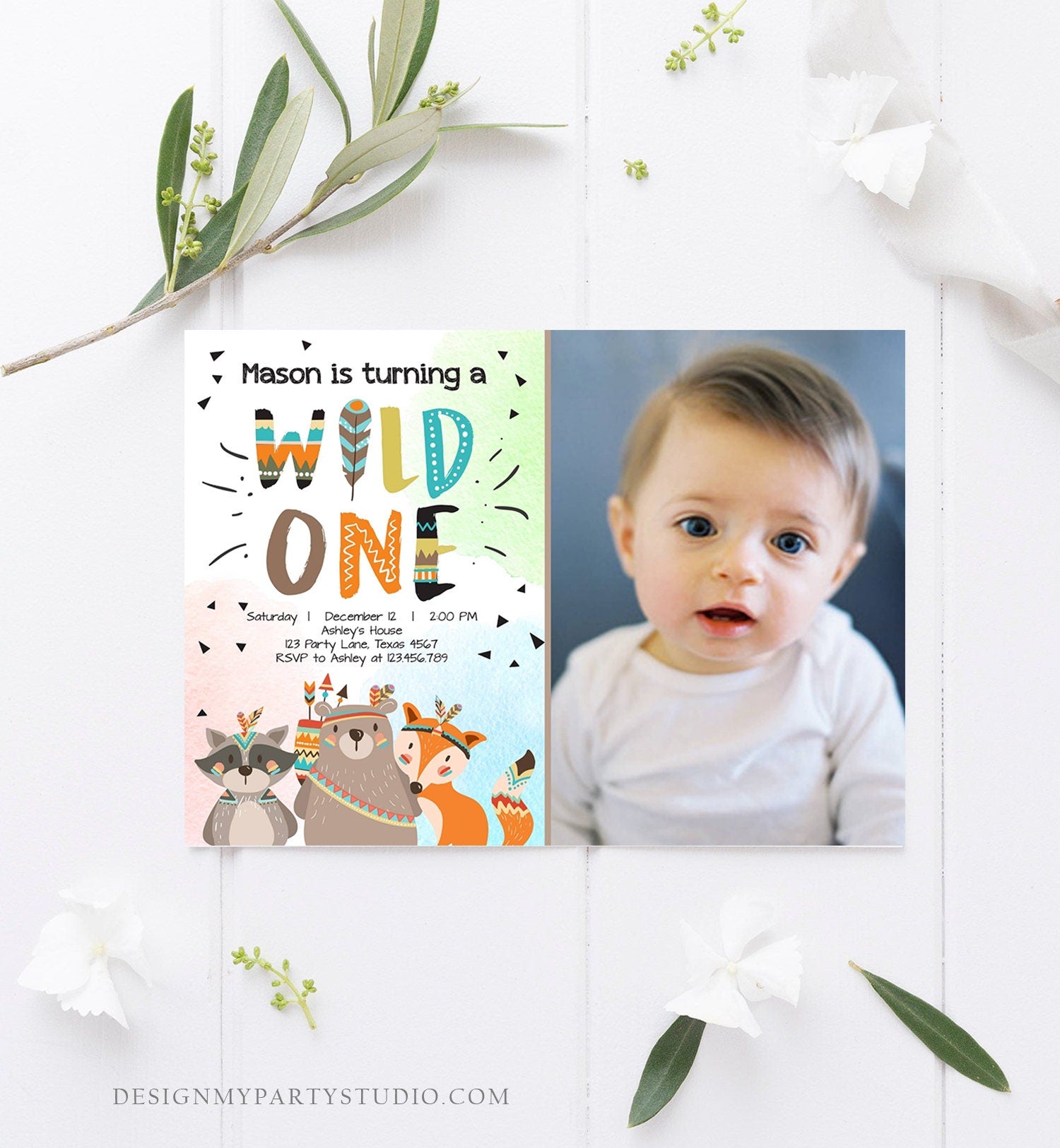 Editable Woodland Tribal Wild One First Birthday Invitation Boho Woodland Animals Boy Party Download Printable Template Corjl Digital 0061