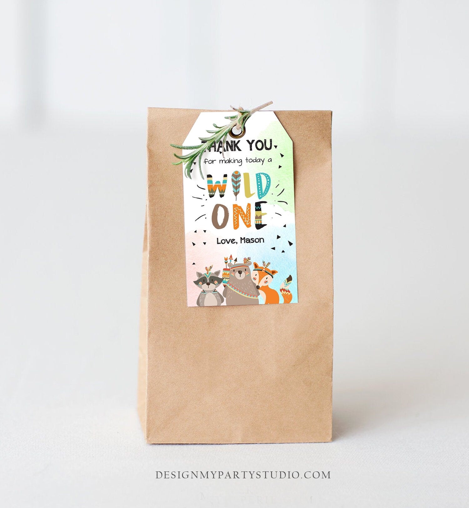 Editable Wild One Favor Tags Tags Tribal Woodland Birthday Thank you tags Woodland Animals Boho Boy Wild One Template Corjl PRINTABLE 0061