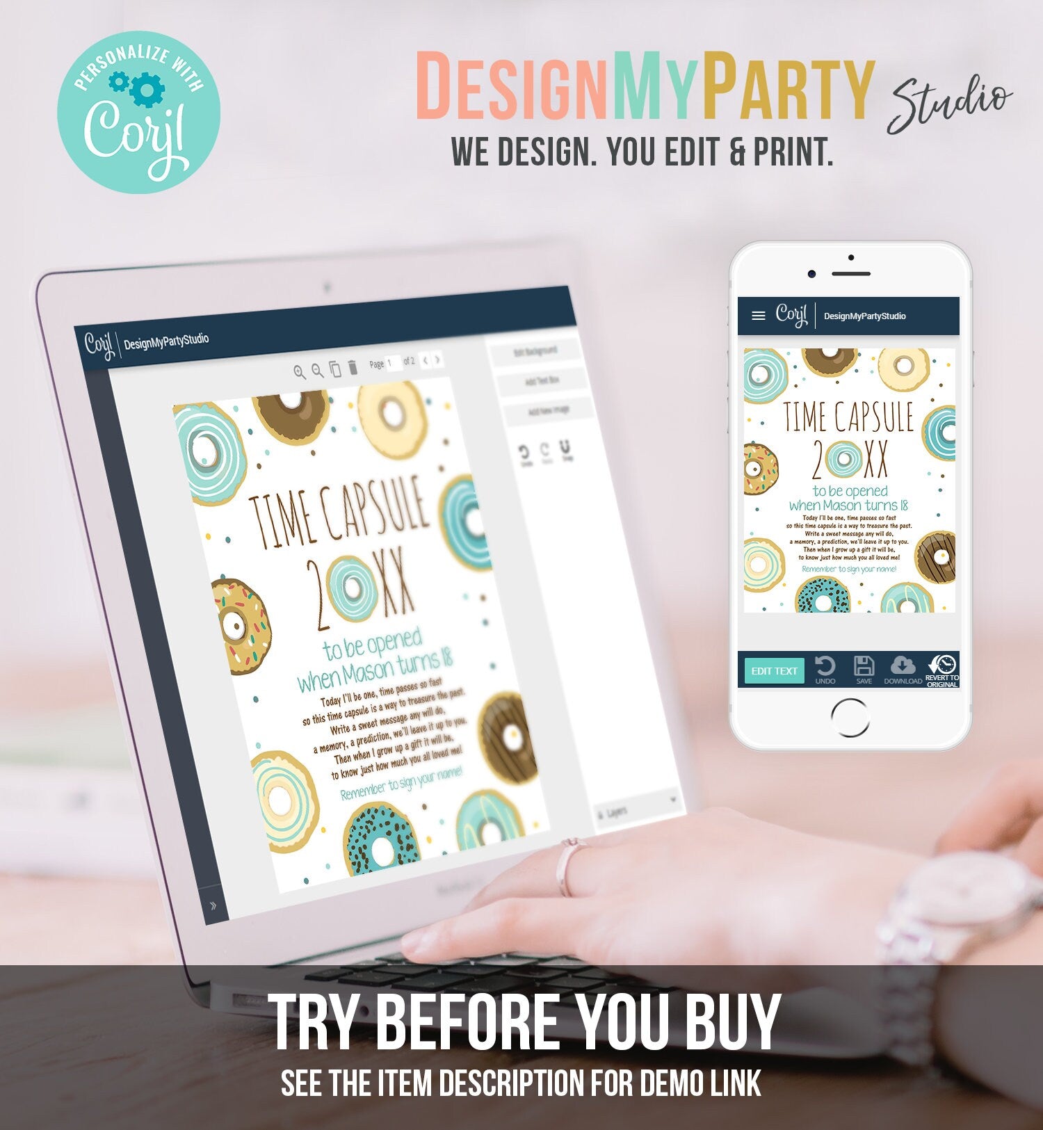 Editable Donut Time Capsule First Birthday Party Donut Birthday Donut Decor Doughnut Donut Party Boy Blue Digital Template Printable 0050