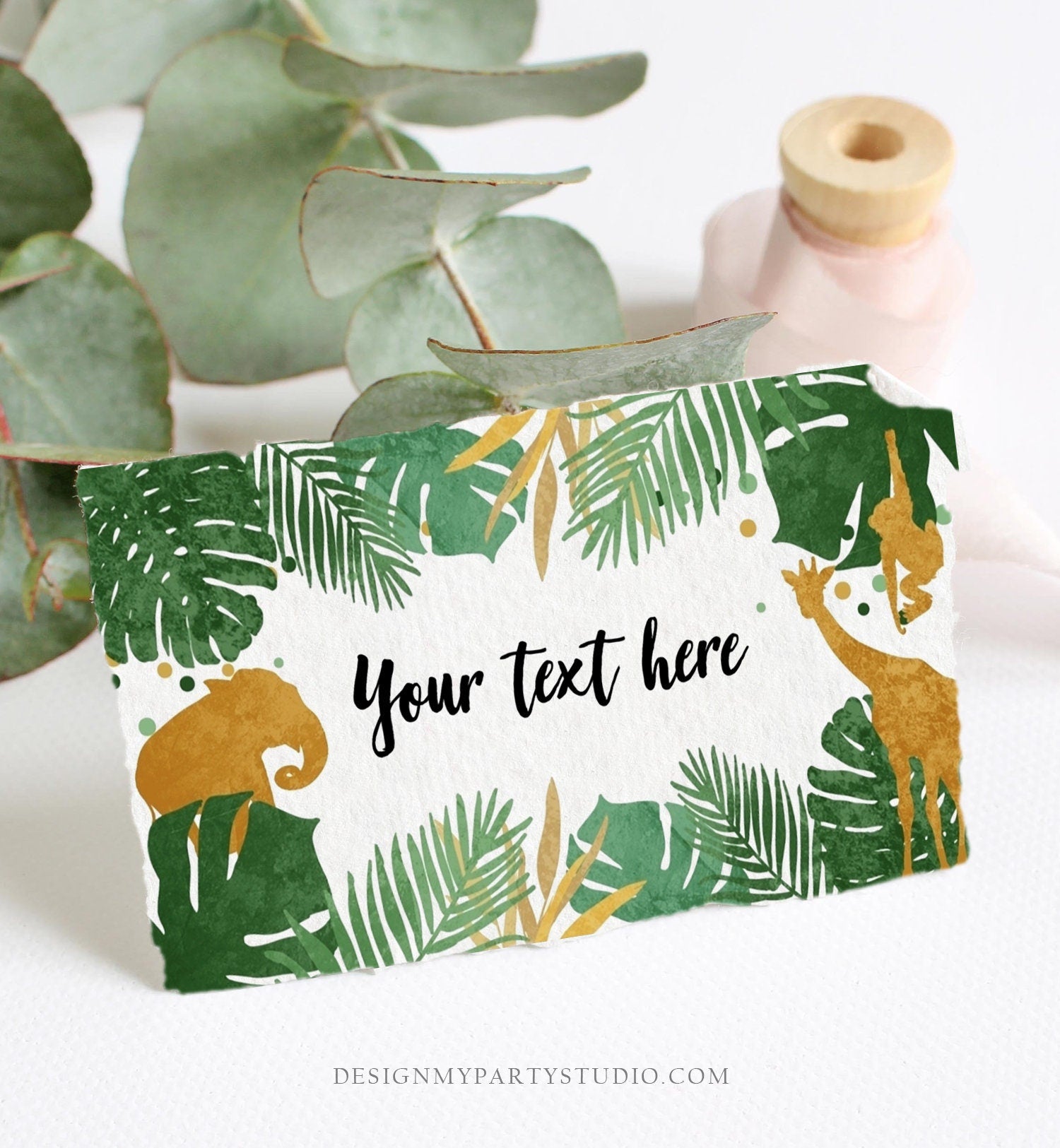 Editable Safari Animals Food Labels Wild One Place Tent Card Escort Card Black Gold Boy Jungle Birthday Zoo Animals Template Printable 0016