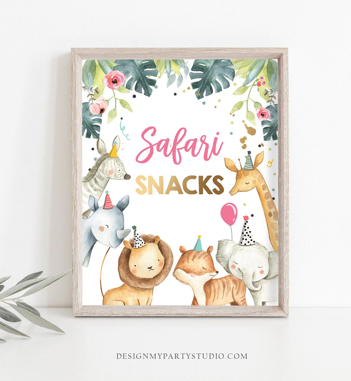 Safari Snacks Birthday Sign Table Decor Safari Birthday Wild One Animals Black and Gold Pink Girl Food Zoo Party Download Printable 0163