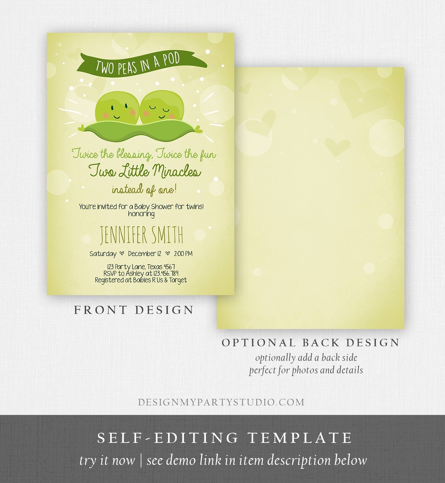 Editable Two Peas In a Pod Baby Shower Invitation Twin Baby Shower Green Gender Neutral Sweet Pea Download Corjl Template Printable 0020