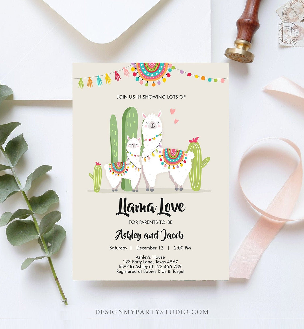 Editable Llama Baby Shower Invitation Llama Love Fiesta Cactus Mexican Couples Coed Shower Digital Download Template Printable 0079