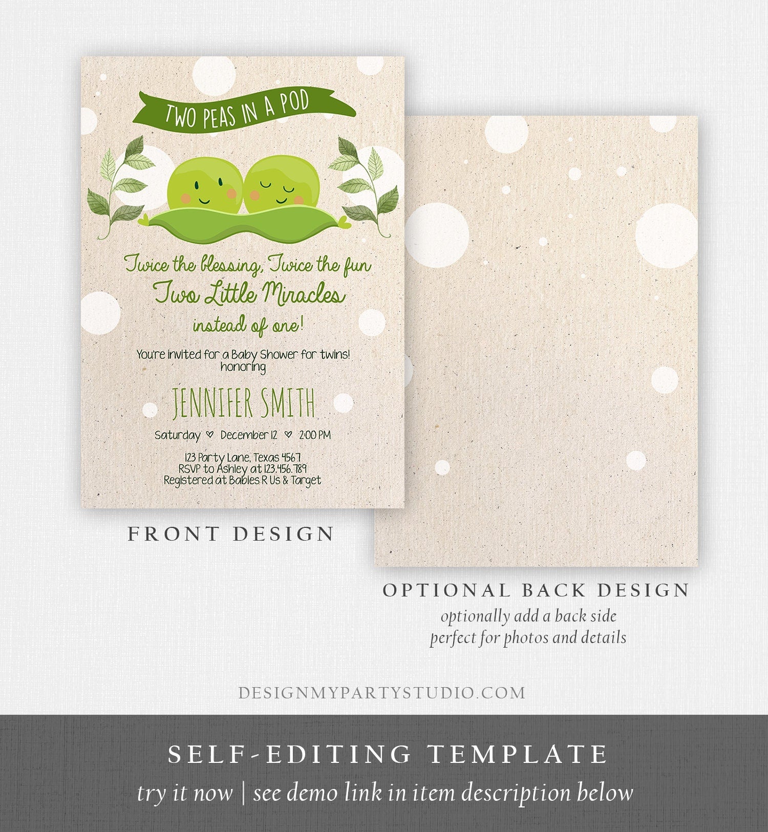 Editable Twin Baby Shower Invitation Two Peas In a Pod Baby Shower Green Neutral Invitation Sweet Pea Template Download Digital Corjl 0020