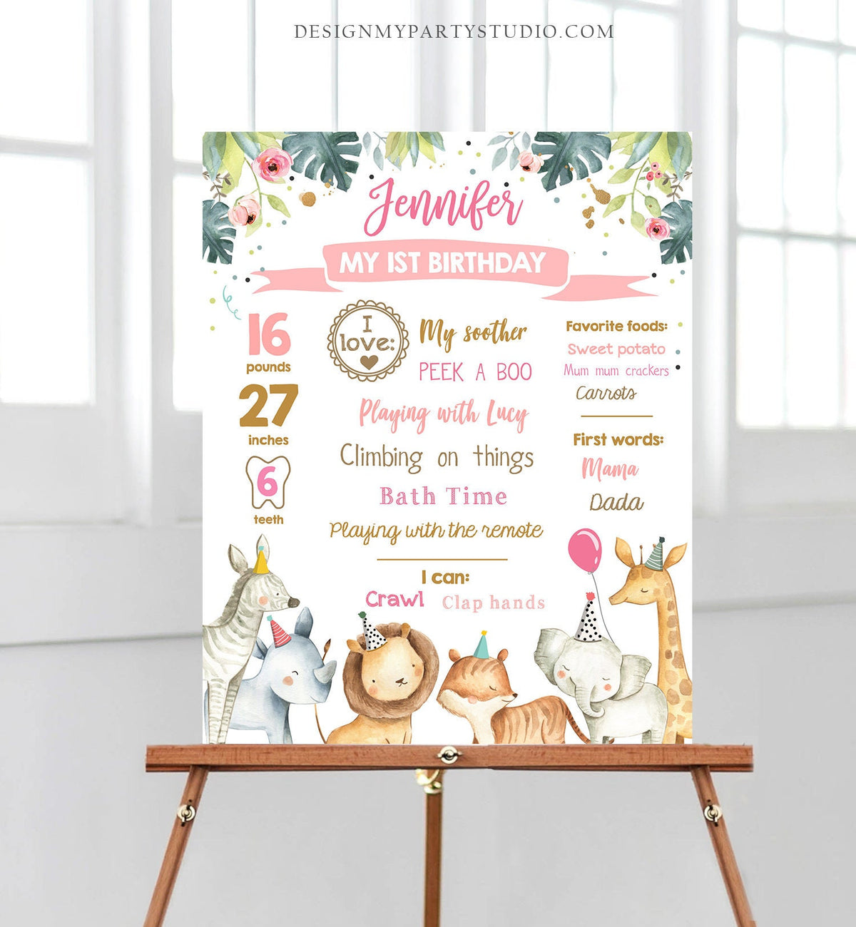 Editable Safari Animals Birthday Milestones Sign Party Animals Pink Girl Birthday Zoo Jungle 1st Birthday Download Printable Digital 0163