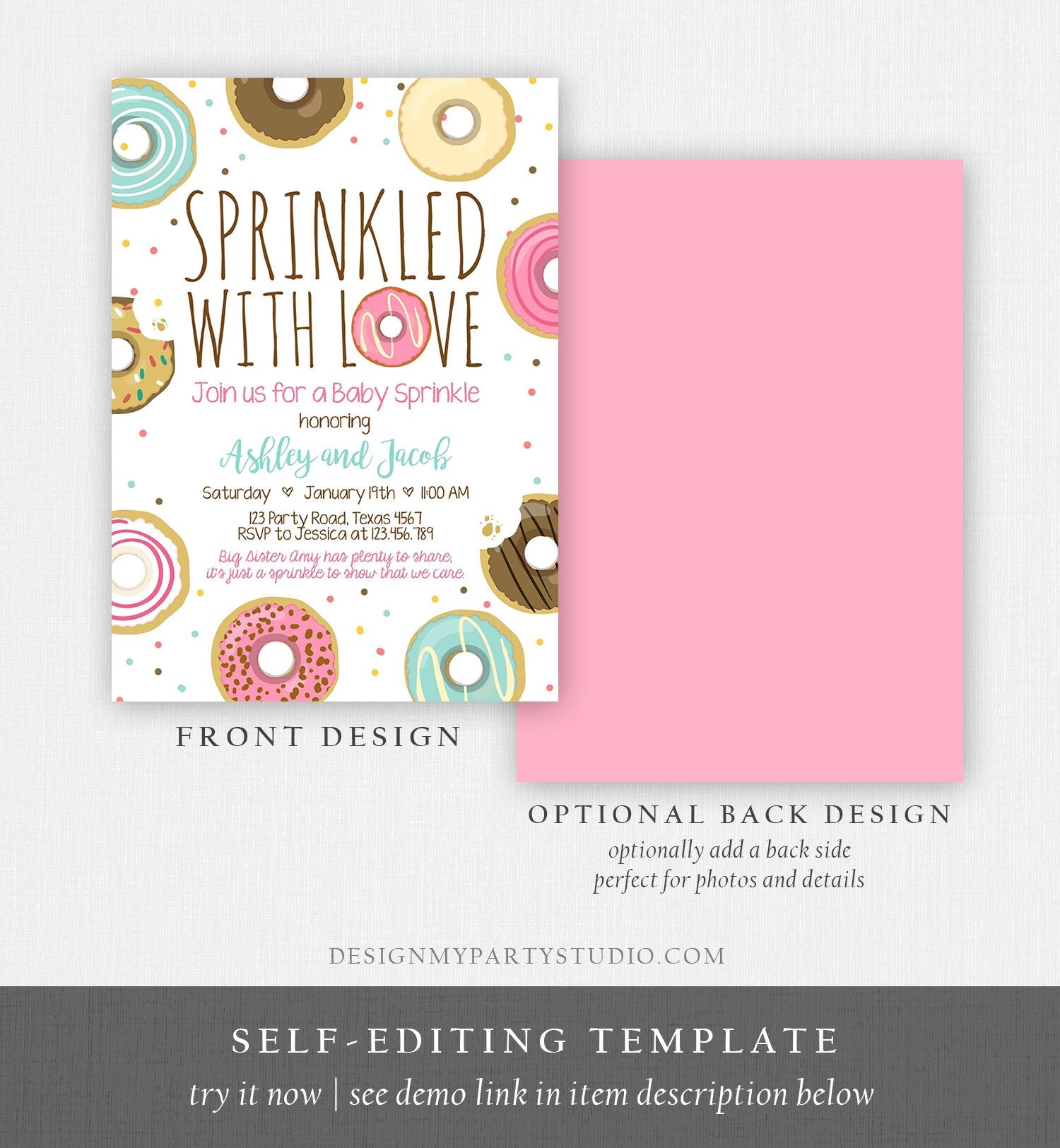 Editable Donut Sprinkle Invitation Sprinkled With Love Coed Shower Gender Neutral Pink Girl Digital Download Printable Corjl Template 0050