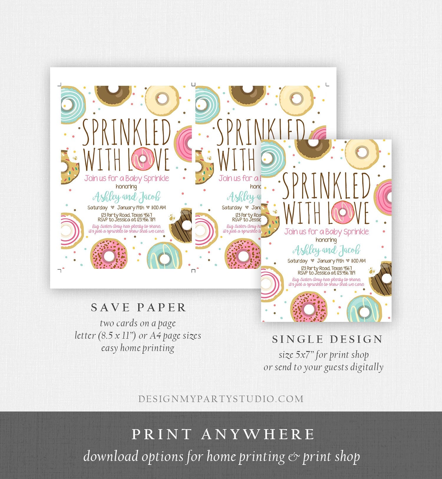 Editable Donut Sprinkle Invitation Sprinkled With Love Coed Shower Gender Neutral Pink Girl Digital Download Printable Corjl Template 0050