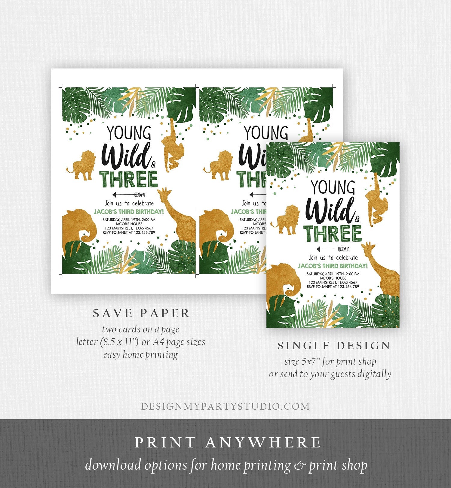 Editable Young Wild and Three Birthday Invitation Safari Animals Party Animals Boy Third Birthday 3rd Download Printable Corjl Template 0016