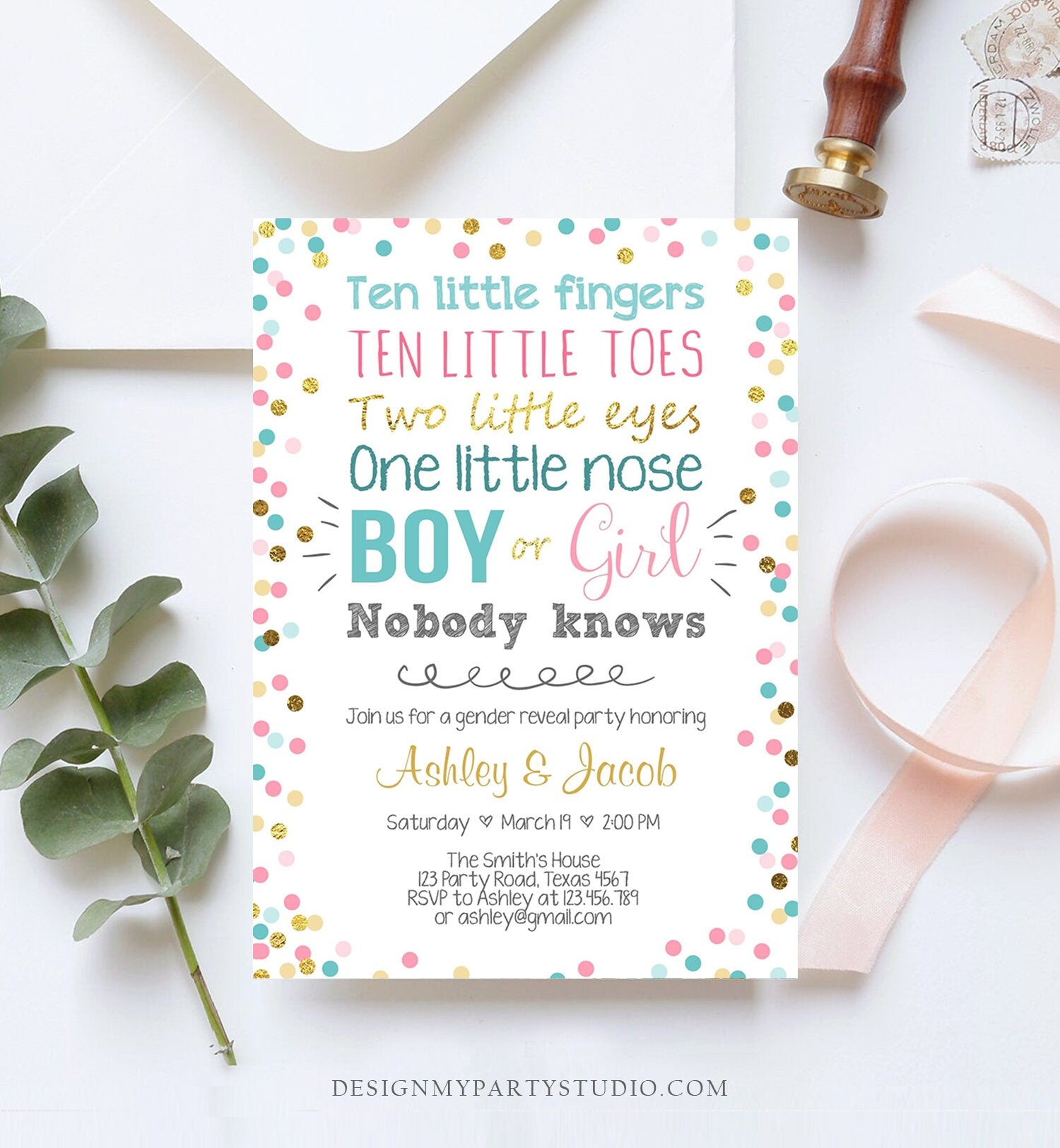 Editable Gender Reveal Invitation Baby Shower Boy or Girl Pink or Blue He or She Confetti Gold Corjl Template Instant Download Digital 0133